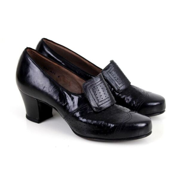 VINTAGE PERFORATED BLACK GENUINE LEATHER MID HEEL ROUND TOE PULL ON SHOES Sz 4D - Picture 5 of 11